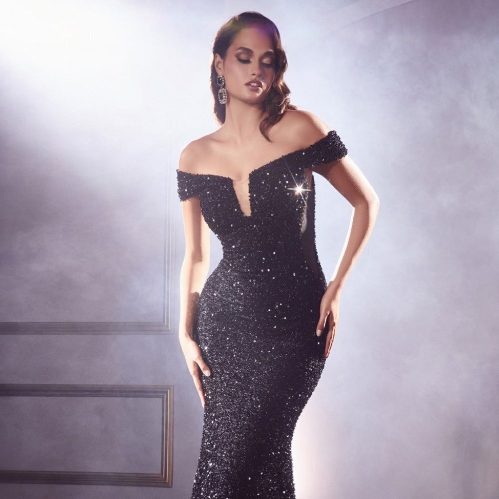 NEW LONG OFF THE SHOULDER SLEEVELESS MERMAID EMBROIDERED SEQUIN DRESS CD975
